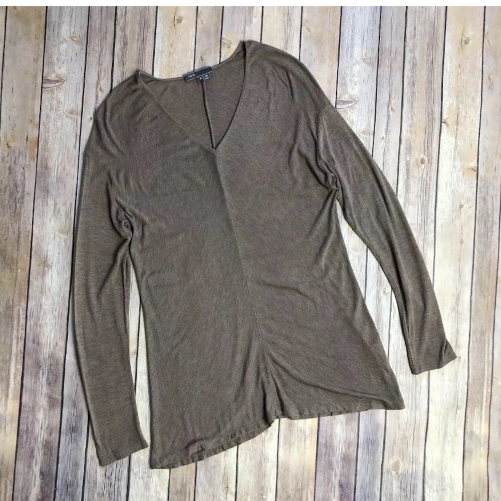 VINCE V-Neck Long Sleeve Tunic Top Silk Trim Taupe